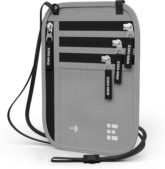 Neck Wallet for Travel & Passport Holder with RFID Blocking - Slim & Easy to Conceal Nylon Travel Pouch for men & women - Holds Phone, Cash, Cards, Keys - Sweat & Water Resistant - X-Large- Light Grey