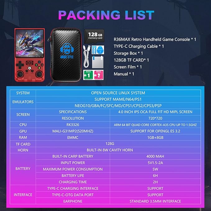 R36MAX Retro Handheld Game Console, 4.0 Inch 720x720 IPS Screen, Built-in 22,000+ Classic Game, Portable Hand Held Open Source Linux System, 4000mAh Battery Retro Gaming Console (Red 128GB)