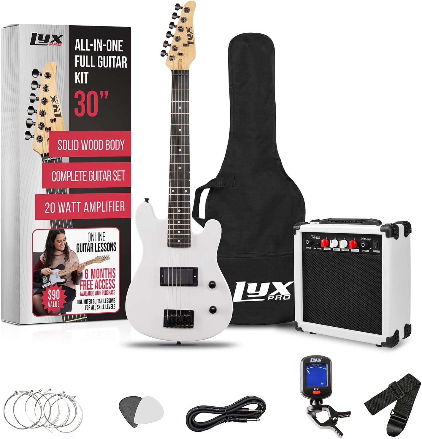 LyxPro 30 Inch Electric Guitar and Starter Kit for Kids with 3/4 Size Beginner’s Guitar, Amp, Six Strings, Two Picks, Shoulder Strap, Digital Clip On Tuner, Guitar Cable and Soft Case Gig Bag - White