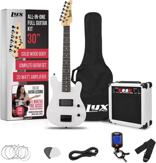 LyxPro 30 Inch Electric Guitar and Starter Kit for Kids with 3/4 Size Beginner’s Guitar, Amp, Six Strings, Two Picks, Shoulder Strap, Digital Clip On Tuner, Guitar Cable and Soft Case Gig Bag - White