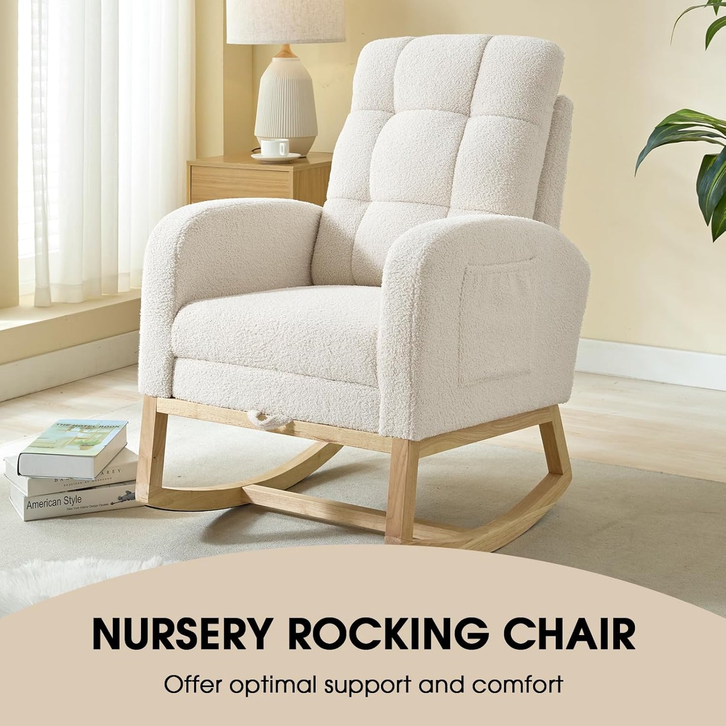 NIOIIKIT Modern Nursery Rocking Chair, Teddy Upholstered Rocking Chair with Footrest, Comfortable Rocker Chair with Side Pocket, Rocker Chair for Living Room, Bedroom, Nursing Room (White)