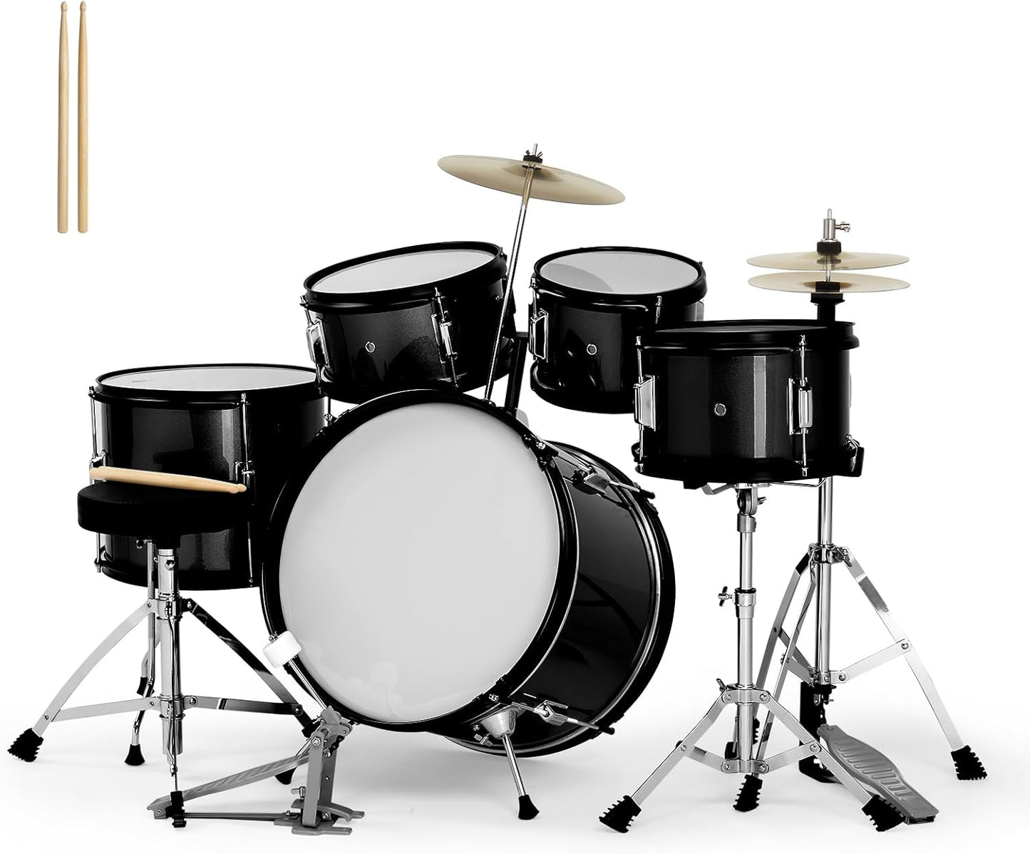 Ktaxon 5-Piece Complete Junior Drums Set, 16 Inch Beginners Drum Kit with Throne Stool, Pedal & Drumsticks, Kids Drums Musical Instruments W/Cymbal, Hi-Hat, Floor, Tom and Snare Drum (Black)