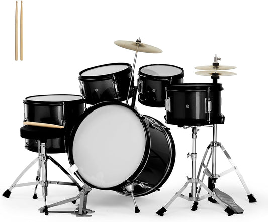 Ktaxon 5-Piece Complete Junior Drums Set, 16 Inch Beginners Drum Kit with Throne Stool, Pedal & Drumsticks, Kids Drums Musical Instruments W/Cymbal, Hi-Hat, Floor, Tom and Snare Drum (Black)
