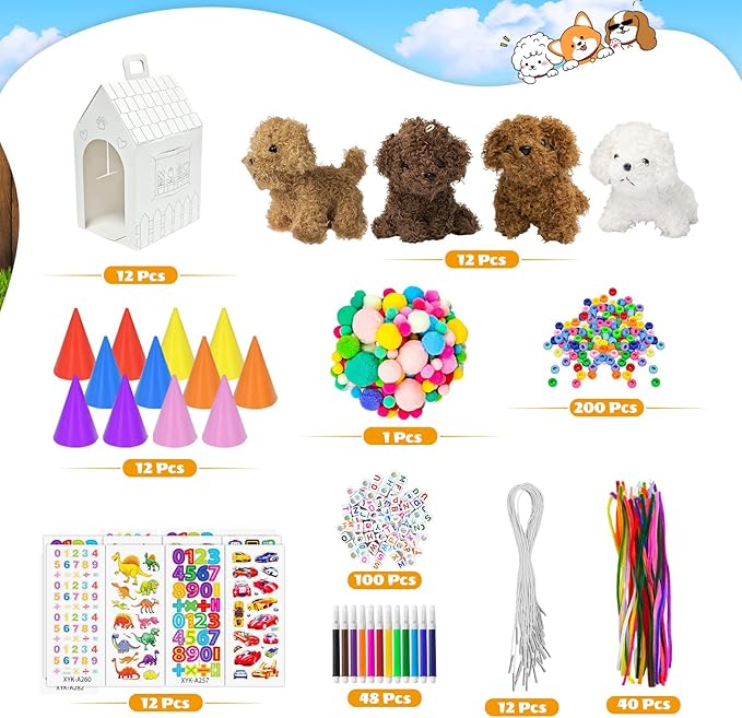 Cinrobiye 12 Sets Adopt a Puppy Party Favors DIY Dog Party Boxes Set Include 12 DIY Dog Boxes 3.93 Inch Mini Dogs Hats for Birthday Adopt A Pet Party Supplies Crafts