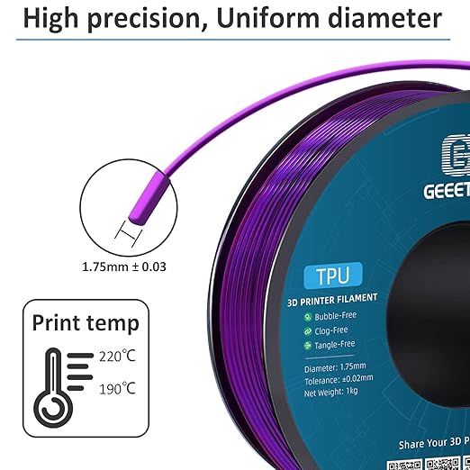 Geeetech TPU Filament 1.75mm, Shore 95A Flexible 3D Printer Filament with High Elasticity, 1KG (2.2lbs) Spool, Dimensional Accuracy ±0.03mm, Fits Most FDM Printers (Clear Purple)