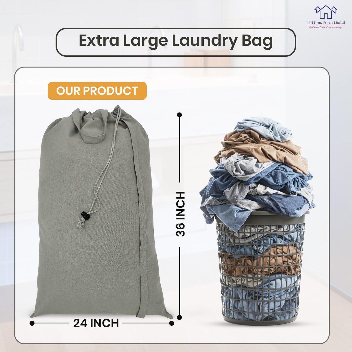 LFH Home Cotton Canvas Extra Large Laundry Bag with Handle, Heavy Duty Drawstring Closure Washable Laundry Bags, School Travel, Home, Hotel, College Dorm, Organizer Sack, Toys Clothes 24x36-Grey