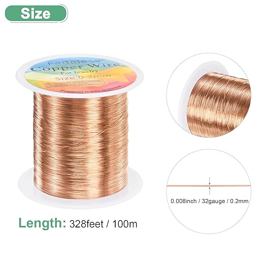 0.2mm Jewelry Wire, 32 Gauge 328FT Craft Wire Copper Beading Wire for Jewelry Making/Planting/Weaving/DIY Crafting, Soft Metal Wires [100M, Copper Tone]