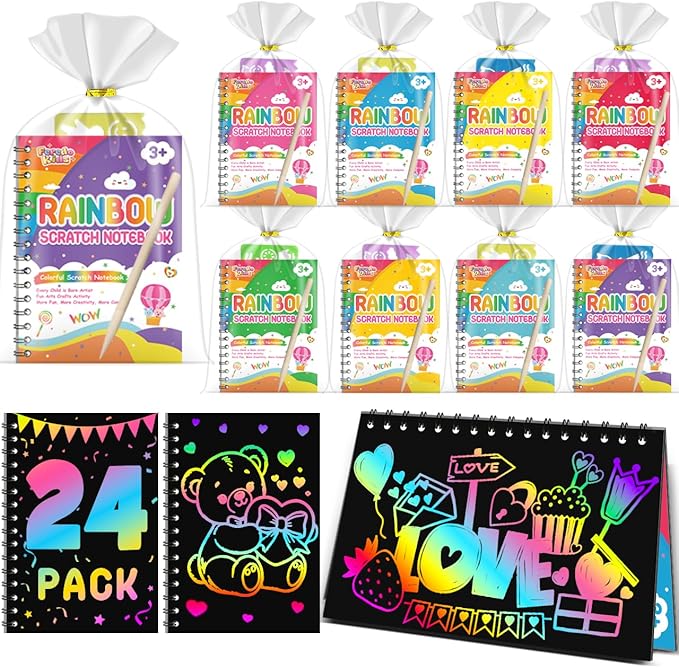 Party Favors for Kids: 24 Pack Rainbow Scratch Art Notebook Students Classroom Gifts Bulk for Girls Boys Goodie Bags Stuffers, Return Gifts for Birthday Party Favors Bulk Kids Crafts