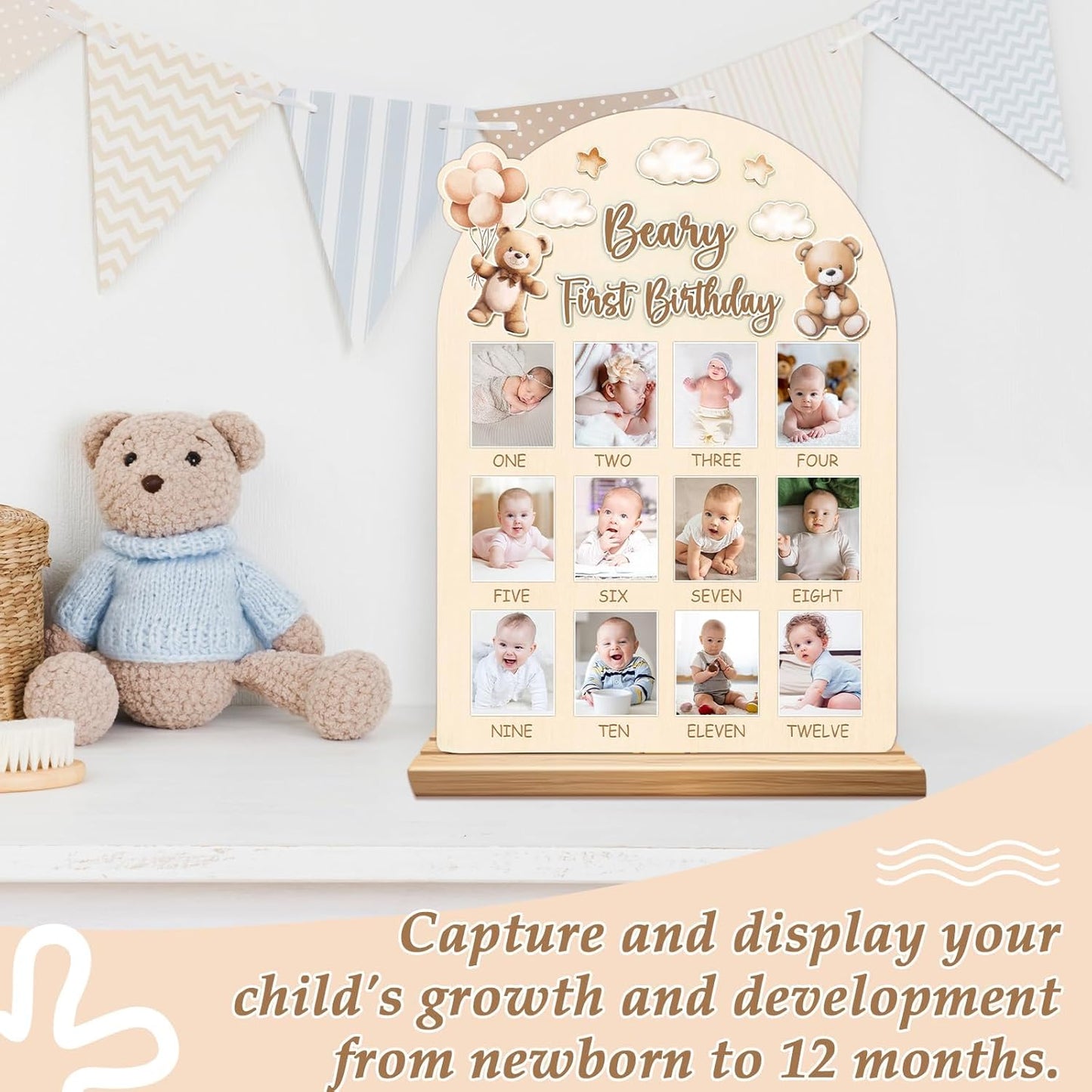 Beary First Birthday Photo Board Cute Bear Birthday Party Wooden Board Decorations 12 Monthly Milestone Picture Frame One Year Old Wood Sign 1st Birth Day Photo Banner for Baby Keepsake Gift Supplies