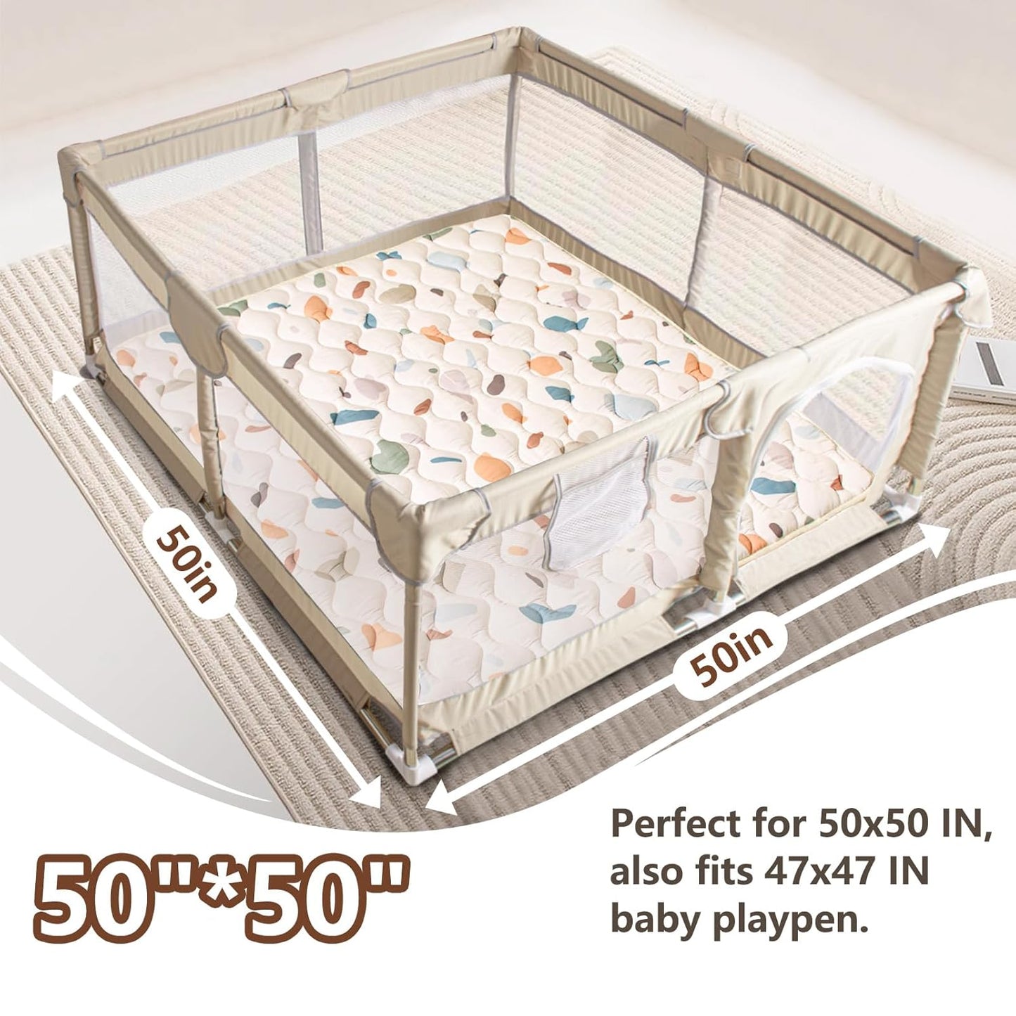 Baby Play Mat, 50x50 Playpen Mat with Super Soft Touch, Activity Playmat with Upgraded Anti-Slip Bottom, Machine Washable Crawling Mat for Floor & Picnic(Boho Color Blocks)