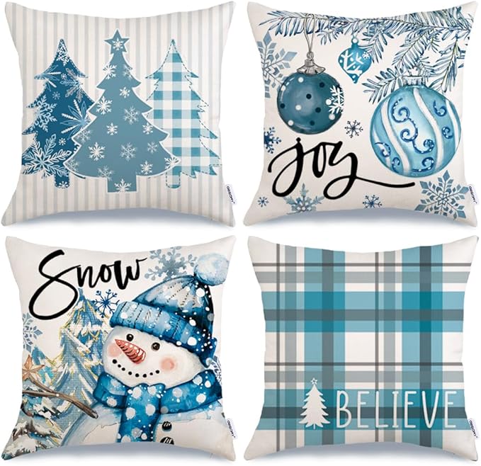GEEORY Winter Christmas Throw Pillow Covers 16 x 16 Inch Set of 4, Xmas Trees Snowflake Snowman Joy Plaid Holiday Farmhouse Decorative Cushion Cases for Home Decoration G582-16