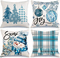 GEEORY Winter Christmas Throw Pillow Covers 18 x 18 Inch Set of 4, Xmas Trees Snowflake Snowman Joy Plaid Holiday Farmhouse Decorative Cushion Cases for Home Decoration G582-18