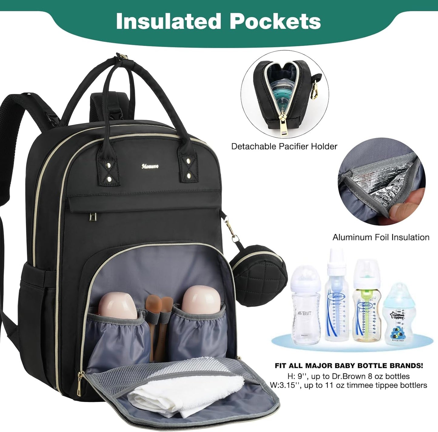 MOMUVO Diaper Backpack for Women Large Capacity with Insulated Pockets Diaper Bags For Baby Girl Boy Waterproof Baby Bags