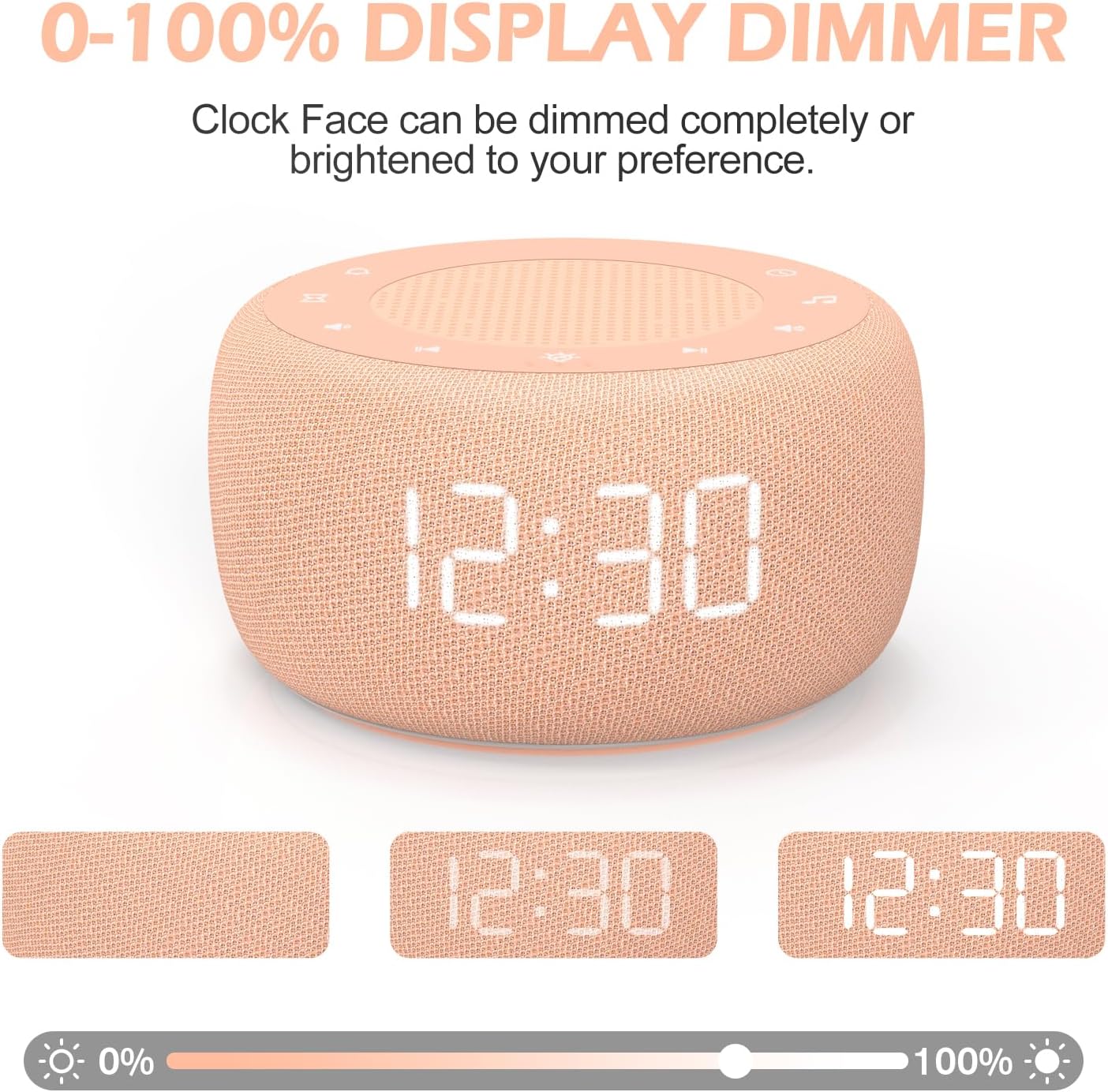 Buffbee Sound Machine & Alarm Clock 2-in-1, 0-100% Clock Face Brightness, Bottom Colored Light, Sleep Timer, Precise 30-Level Volume White Noise Machine, Digital Alarm Clocks for Bedrooms - Peach