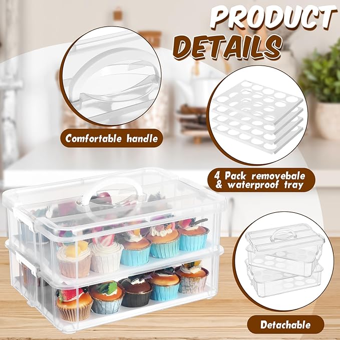 36 Cupcakes Carrier 2-layer for Cake Container Cupcake Holder with Lid and Handle Detachable Dessert Dessert Small Snack for Party Storage Container
