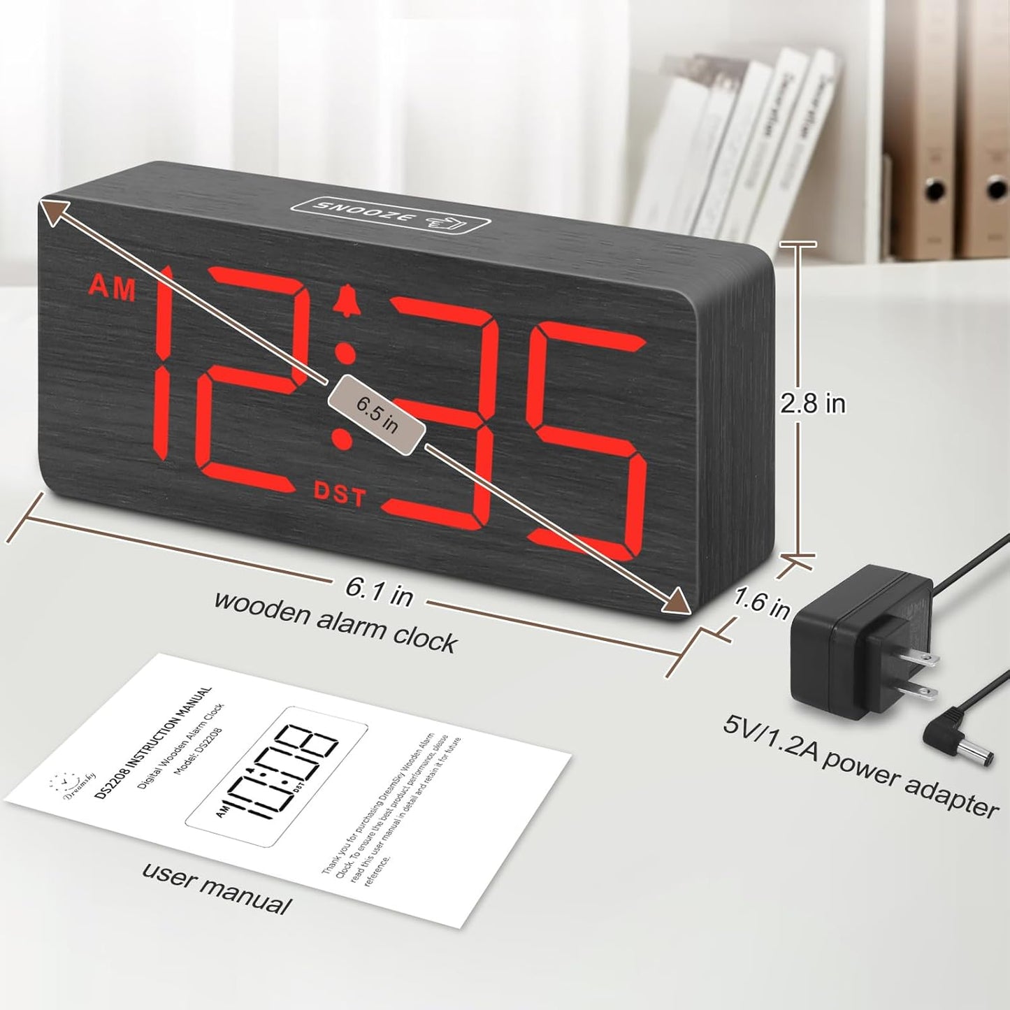 DreamSky Wooden Digital Alarm Clock for Bedroom - Desk Clocks for Living Room with Large Numbers, Loud Alarm for Heavy Sleepers with Volume Control, Dimmer, DST, Office Wood Decor (Adapter Powered)