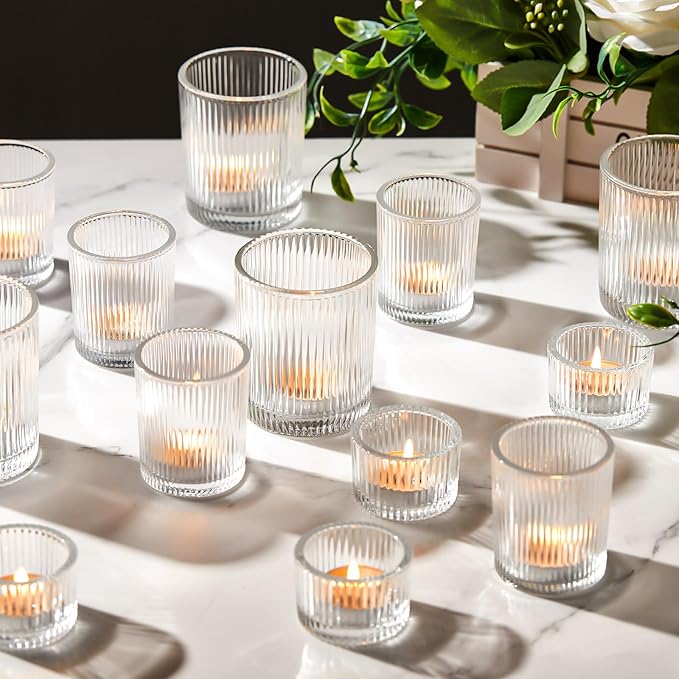 Mumufy 48 Pcs Assorted Votive Candle Holders Ribbed Glass Tealight Candle Holder Bulk for Table Centerpiece, Baby Shower, Home and Wedding Party Decoration (Clear)