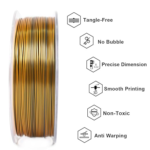 Geeetech Silk PLA Tri Color Filament 1.75mm 3D Printer Filament, Coextrusion Purple Gold Black Tri-Colors Metal-Like Shiny Silk PLA Filament, 1kg (2.2lbs) 1 Spool, Dimensional Accuracy +/- 0.02 mm