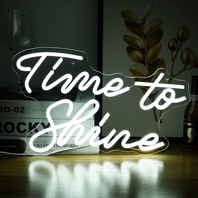 Time To Shine Neon Sign White Led Sign Time To Shine Neon Lights Decor for Lover Dimmable Letter Neon Wall Signs USB Powered with Switch Neon Signs for Wall Decor Party Wedding（16.5’’X10.2’’）