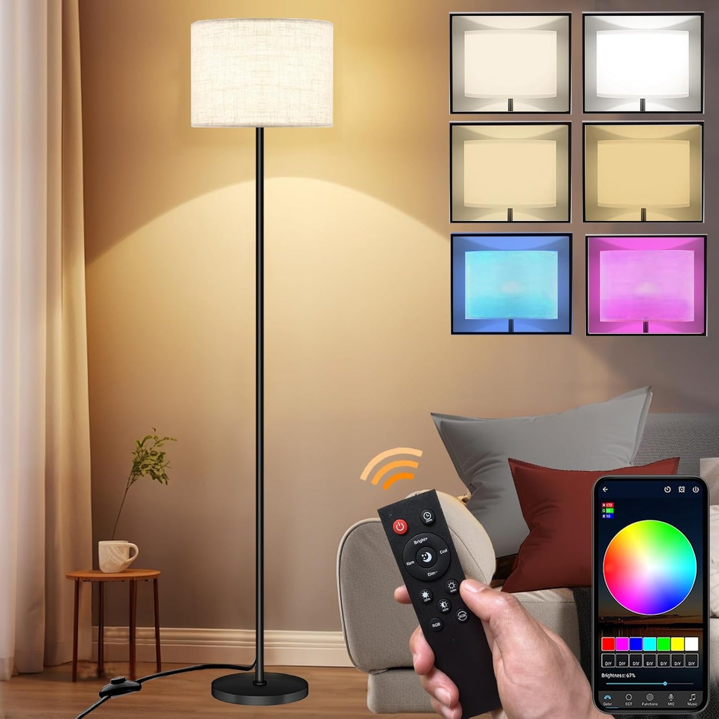 Smart LED Floor Lamp with APP Control & RGB Colors - Dimmable Standing Lamp for Living Room, Bedroom, Gaming - Remote, Timer, 9W Bulb Included, 60.6" Modern Tall Lamp (Beige)