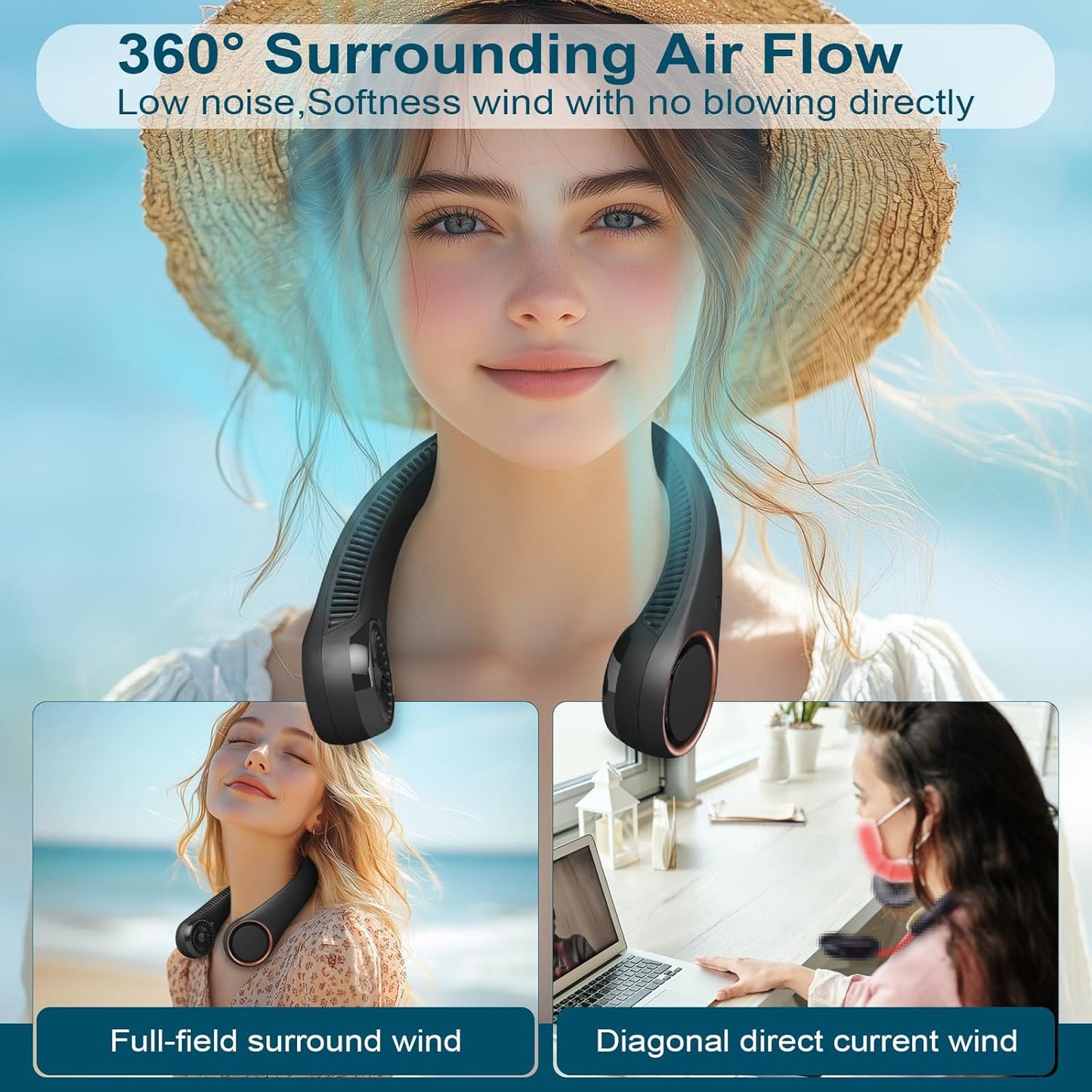 CIVPOWER Neck Fan: Portable Personal Neck Cooling Rechargeable Bladeless Fan - Hands Free 3 Speed 4000 mAh Battery USB Operated Wearable Headphone Design - for Men Women Outdoor Indoor (Black)