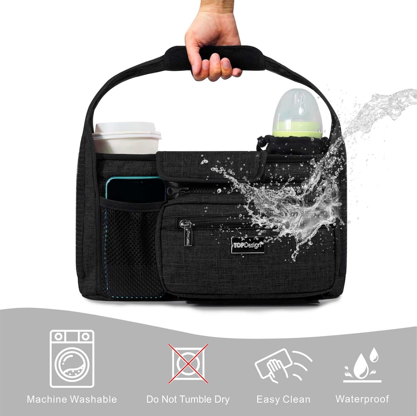 TOPDesign Universal Baby Stroller Organizer, Stroller Caddy with Detachable Mesh Bag & Heightened Insulated Cup Holders & Non-Slip Secure Hooks Accessories, Fits Most Strollers (Love)