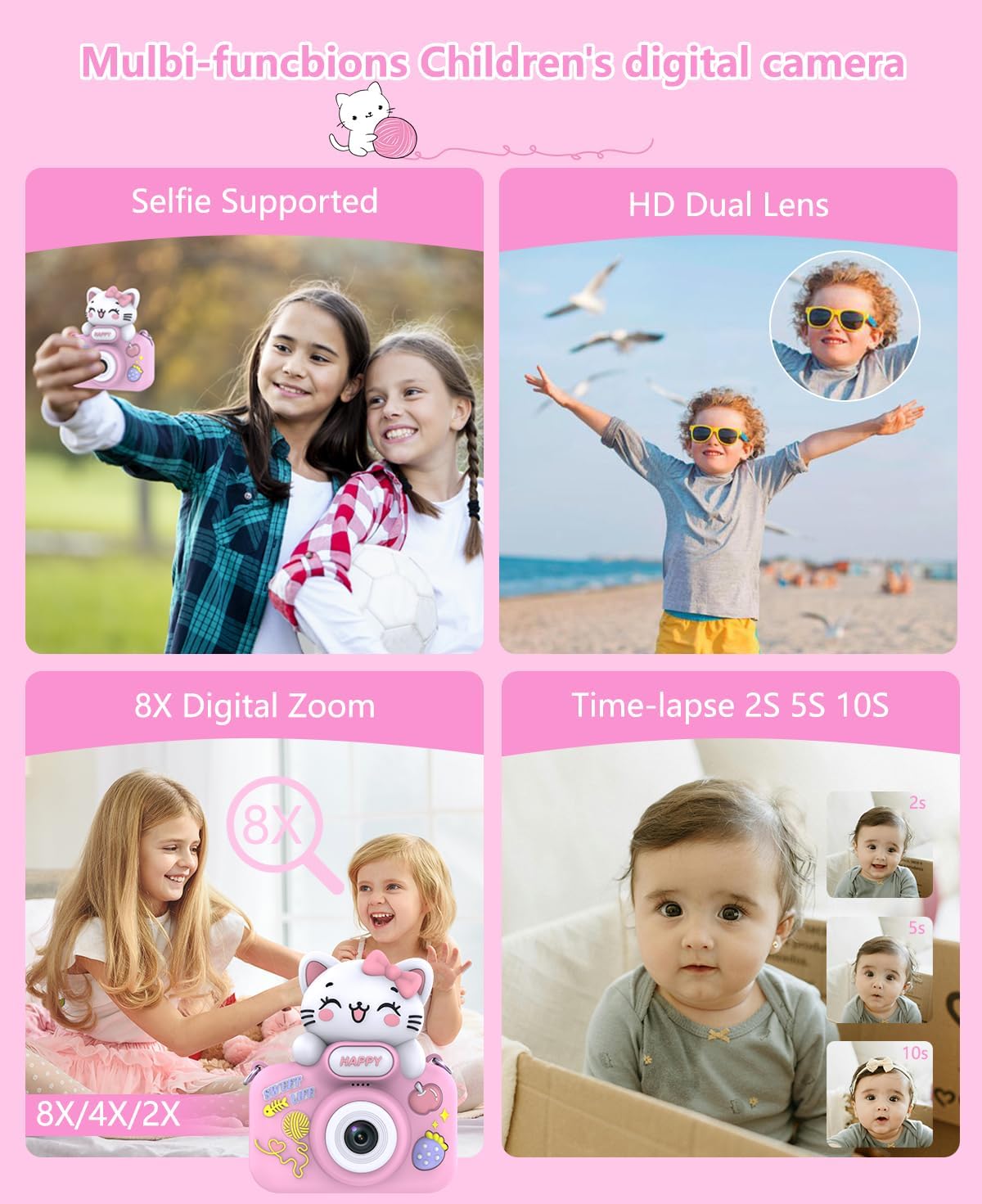 Video Kids Camcocrder, Kids Boys Digital Toddler Camera for 3 4 5 6 7 8 Years Old Birthday Gifts, 1080P Video Camera with Cute Protective Cover & 16GB TF Card, Pink