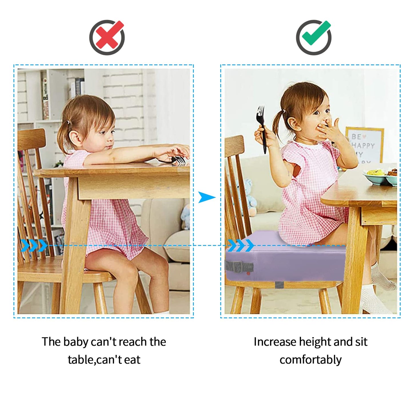 Toddler Booster Seat for Dining Table, PU Washable Double Safe Straps Non-Slip Bottom Booster Seat Cushion, Strong Support Portable Travel Booster Seat for Chair (Purple)