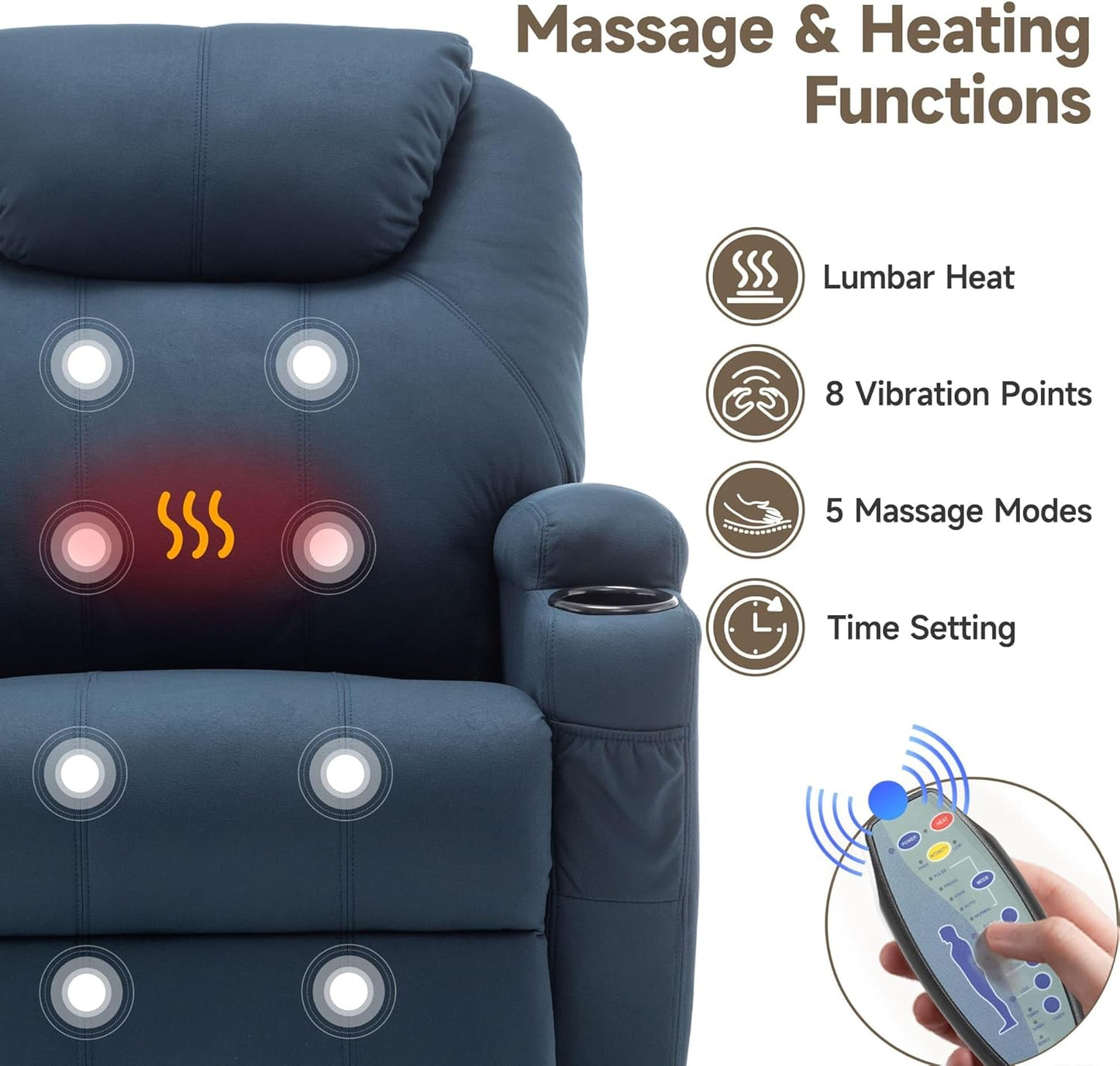 Recliner Chair, Rocking Chair with Heat and Massage, Swivel Recliner Chairs for Adults, Rocker Manual Recliner with Remote Control and Cup Holder for Living Room, Bedroom