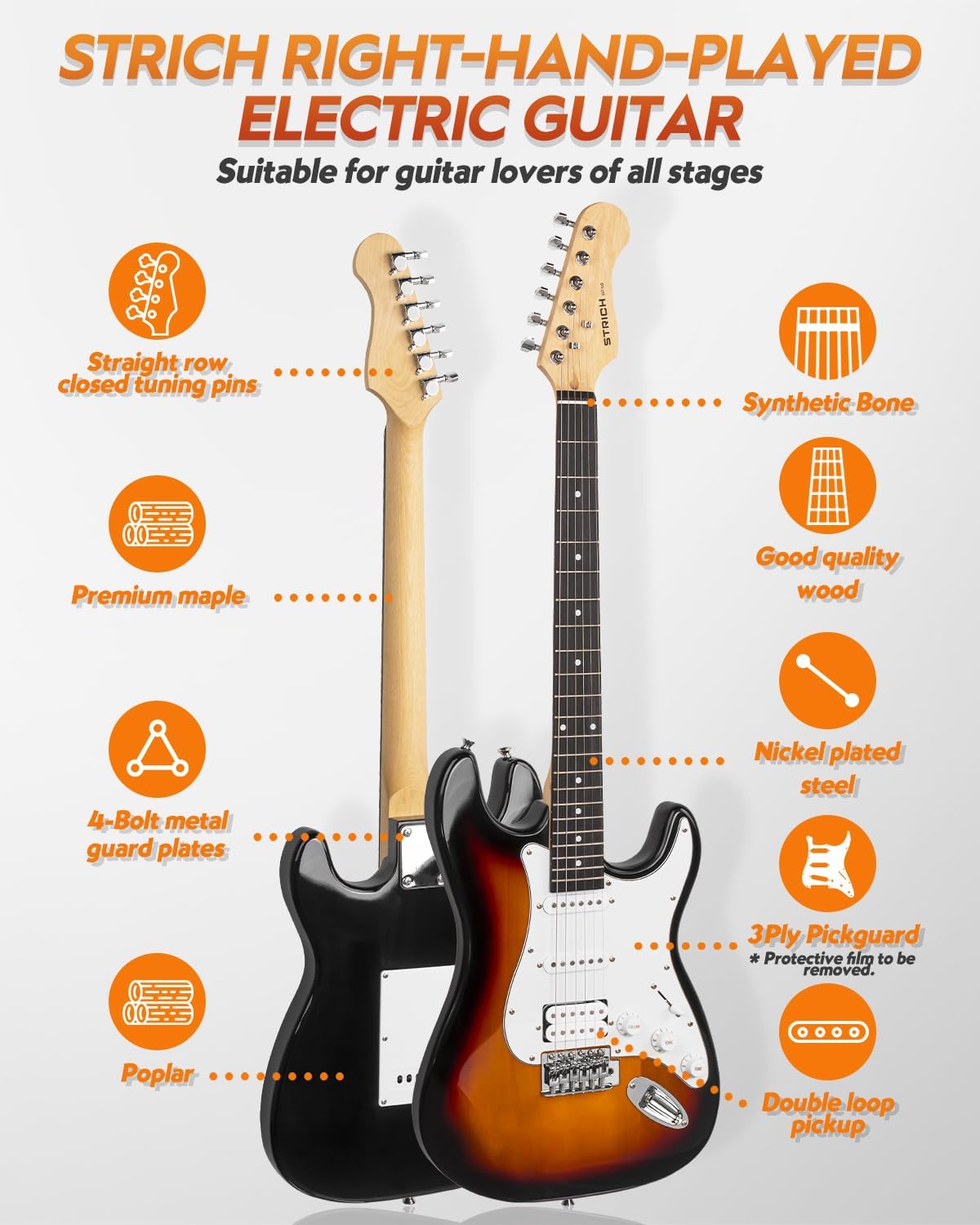 STRICH Electric Guitar Beginner Kit, Solid Body 39" Full Size Electric Guitar HSS Pick Up for Starter, with 10W Amp, Bag, Digital Tuner, Capo, Strap, String,Cable, Picks, SST-S20 Sunburst