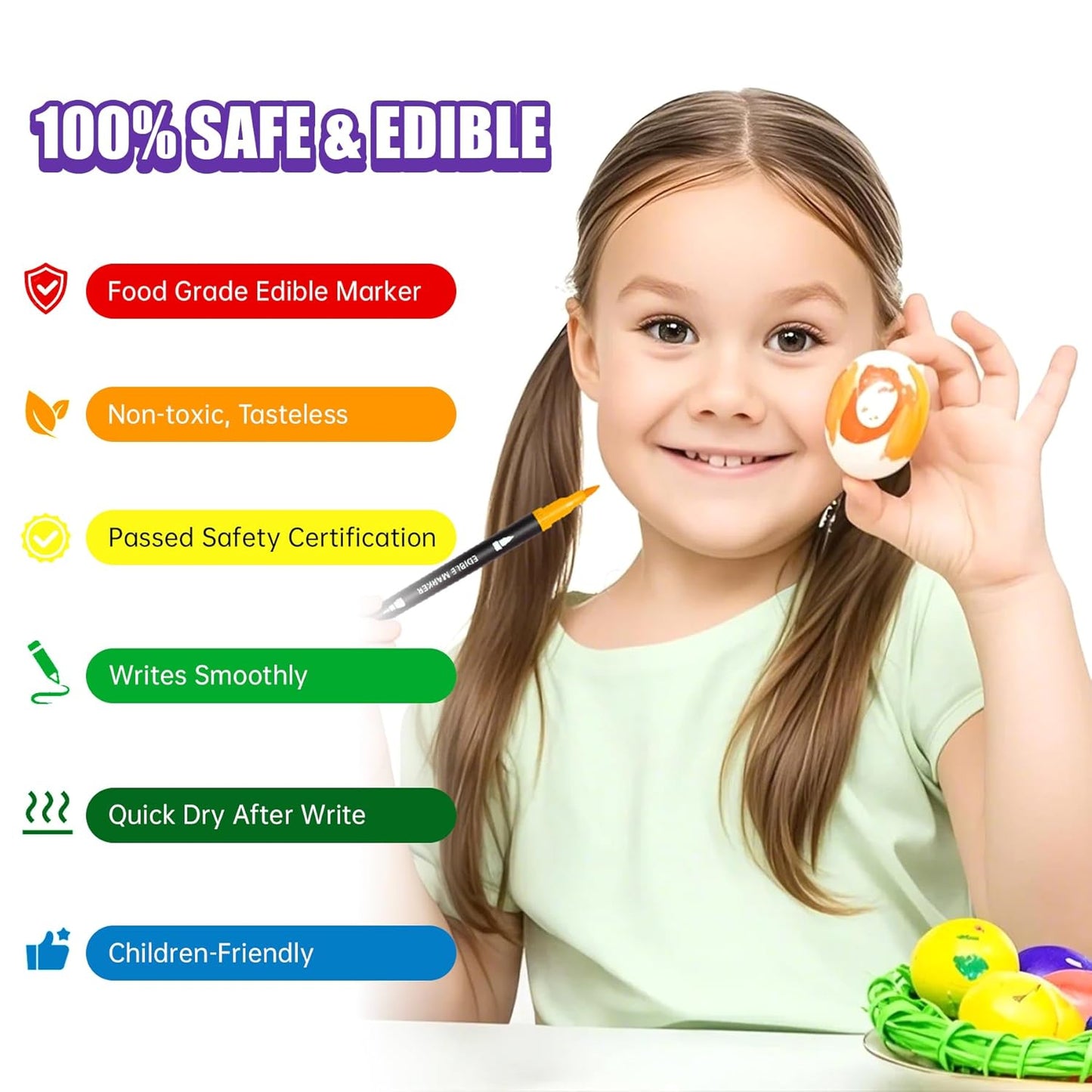 Edible Markers, 14 pcs Colorful Food Coloring Pens for Decorating Cookies, Fondant, Gum paste, Icing, Macarons, DIY Easter Eggs, Marshmallows, Fruits.