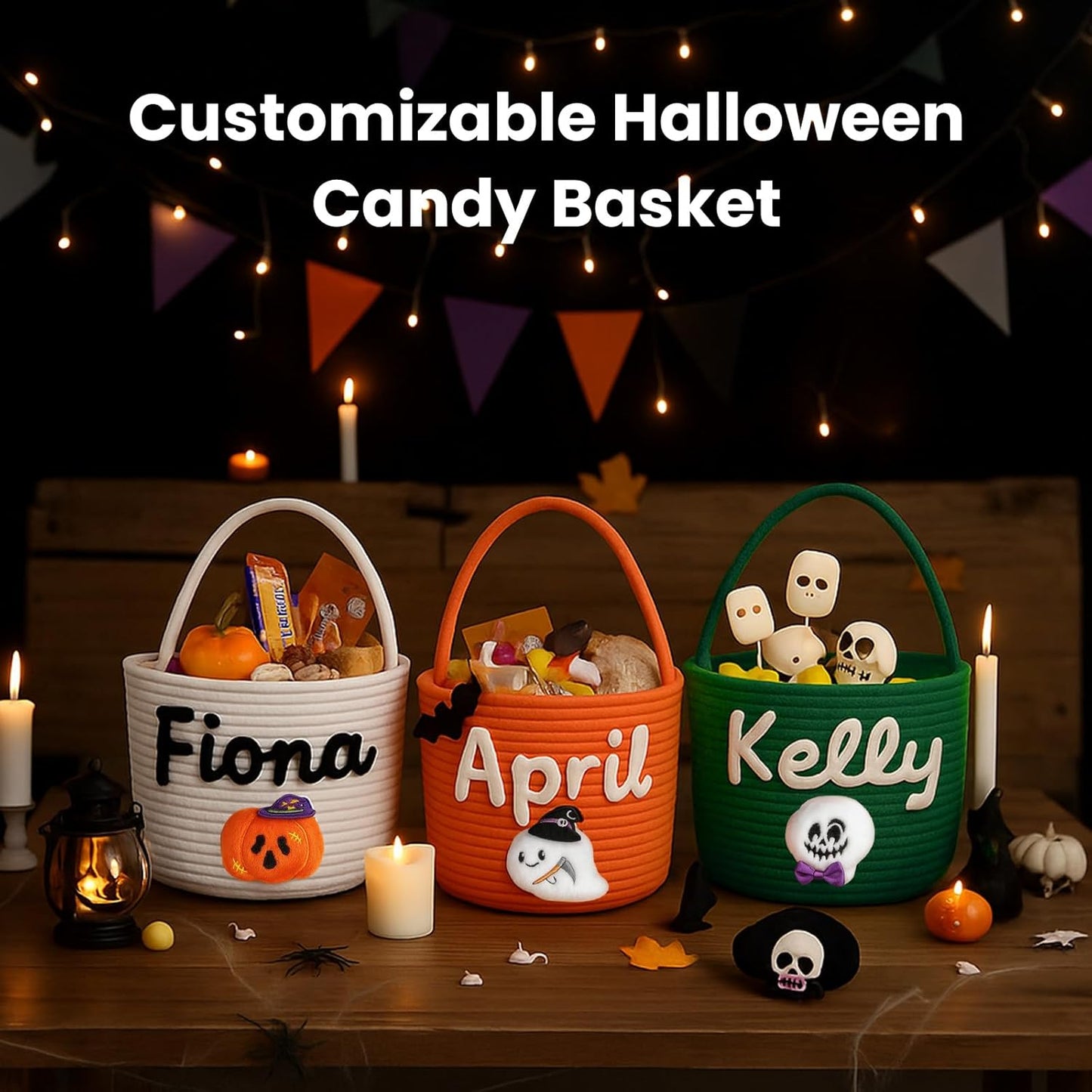 Personalized Halloween Trick or Treat Basket with Name – Custom Woven Candy Bag, Pumpkin or Ghost Bucket for Kids, Boys & Girls