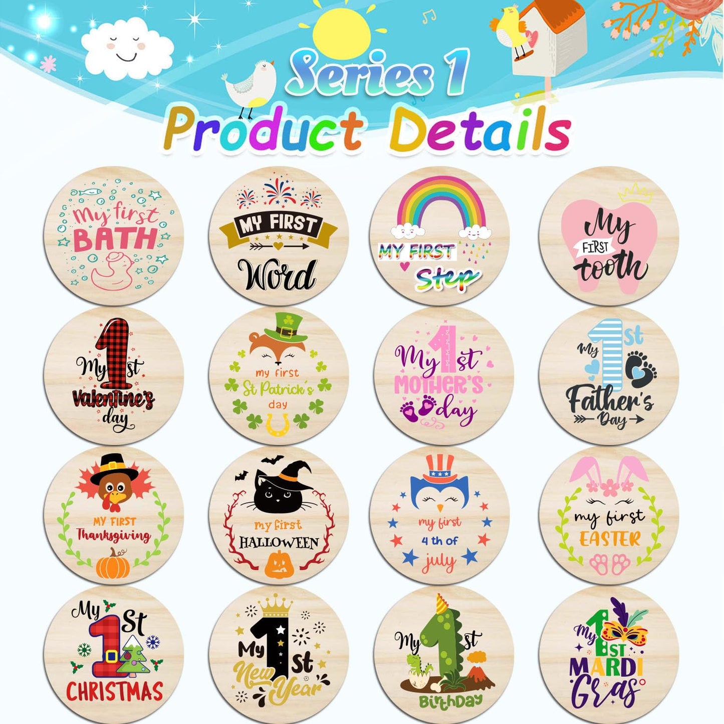 42 Designs First Year Milestones,Wooden Baby First Holiday Signs,Baby Monthly Milestone Photo Props for Newborn to Age 1,Pregnancy Baby Shower Cards (First Holiday Milestone)