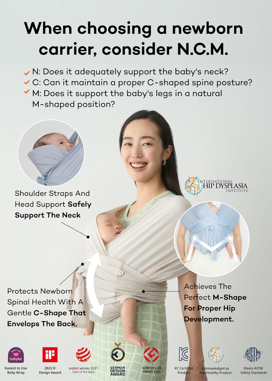Konny Baby Carrier Flex SoftBreeze with Head Support - Adjustable, Easy to Wear Baby Wrap Sling, Perfect for Newborn Babies Essentials up to 44 lbs (XS-XL) - Charcoal
