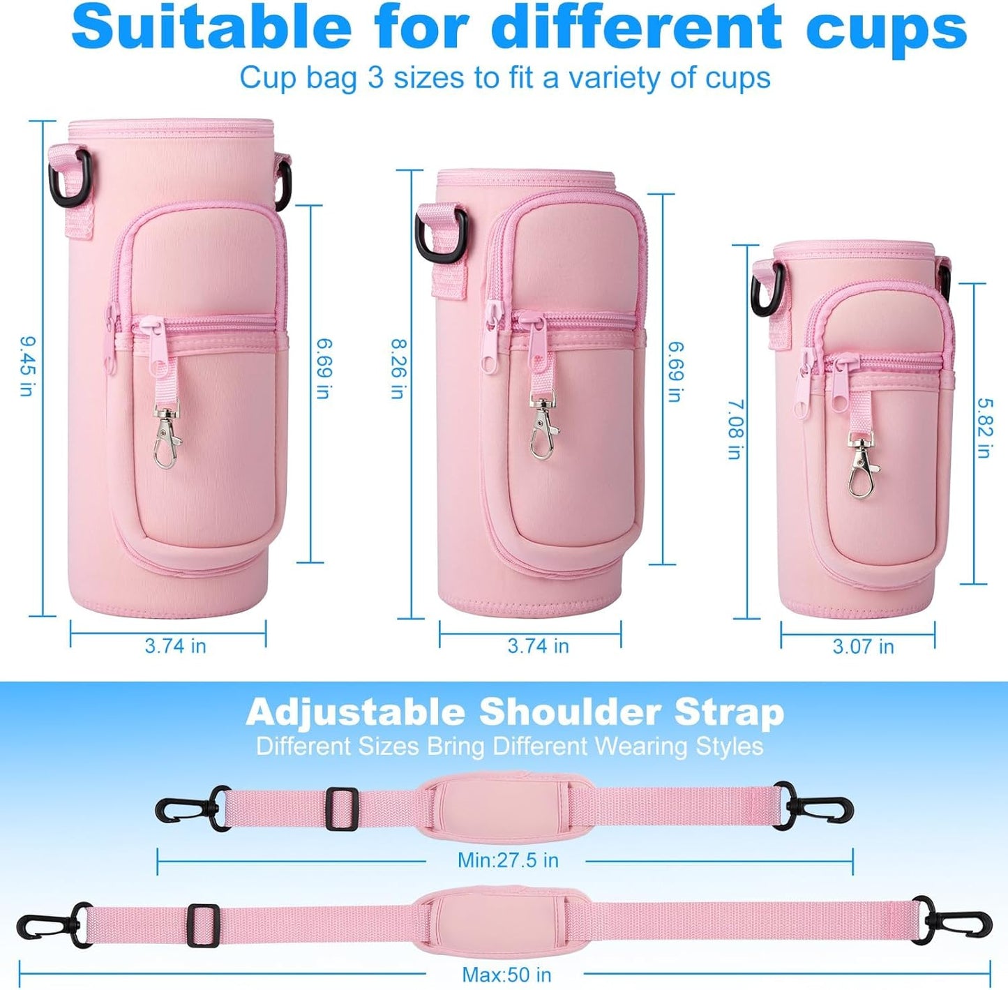 Water Bottle Holder with Strap for Hydroflask 32oz 40oz, Carrier Sling Bag with Phone Pocket Sleeve for Men Women Hiking Camping Travelling（Pink12/16oz）