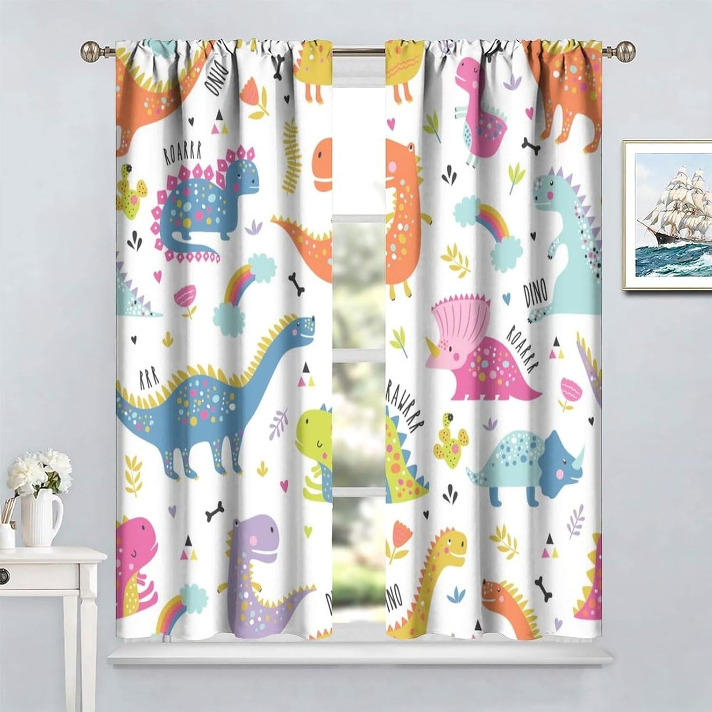 Cartoon Dinosaur Curtains for Kids Boys Girls Home Decor Childish Cute Dino Animals Print Pattern Rod Pocket Blackout Window Drapes for Nursery Baby Bedroom Playroom W31.5xL72in 2 Panels