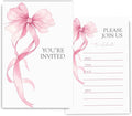 Pink Bow Birthday Invitations for Girls, Elegant Bow Birthday Party Invitaions for Girls Coquette Party Invites, 4x6 Inches, 30 Sets with Envelopes