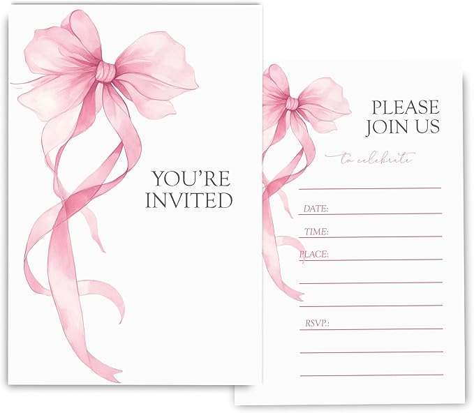 Pink Bow Birthday Invitations for Girls, Elegant Bow Birthday Party Invitaions for Girls Coquette Party Invites, 4x6 Inches, 30 Sets with Envelopes