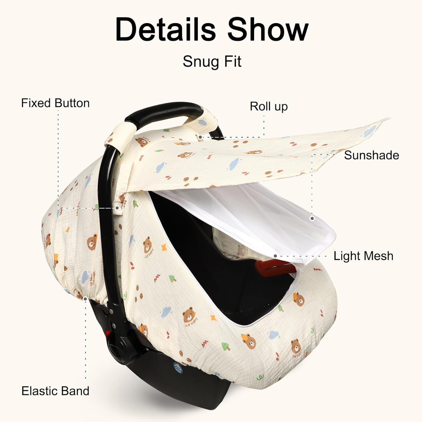Hooyax Muslin Car Seat Cover Baby - Breathable and Privacy Car Seat Canopy with 3 Modes - Easy Install & Gift Box Packaging, Universal Fit for Infant Car Seats, Bear