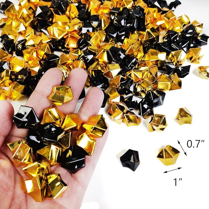 HappyFiller Fall Halloween Decoration Fake Ice Rocks Acrylic Nuggets Gems Stones Pirate Jewels for Wedding Centerpieces Vase Fillers,Graduation Party Table Scatters,Home Accents,Gold Black,14 OZ