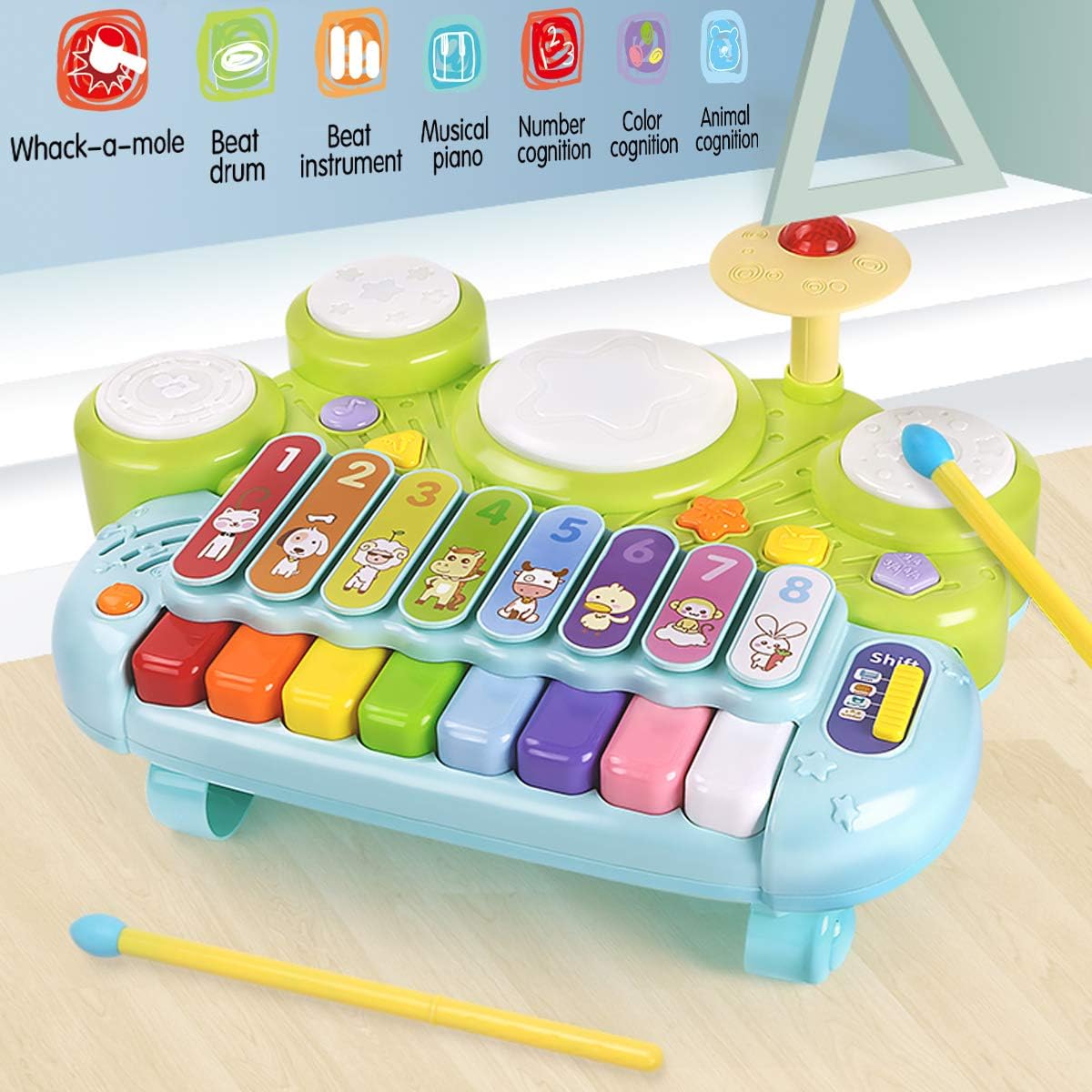 Fisca 3 in 1 Musical Instruments Toys, Electronic Piano Keyboard Xylophone Drum Set - Learning Toys with Lights for Baby & Toddler 1 2 3 Year Old Boys and Girls