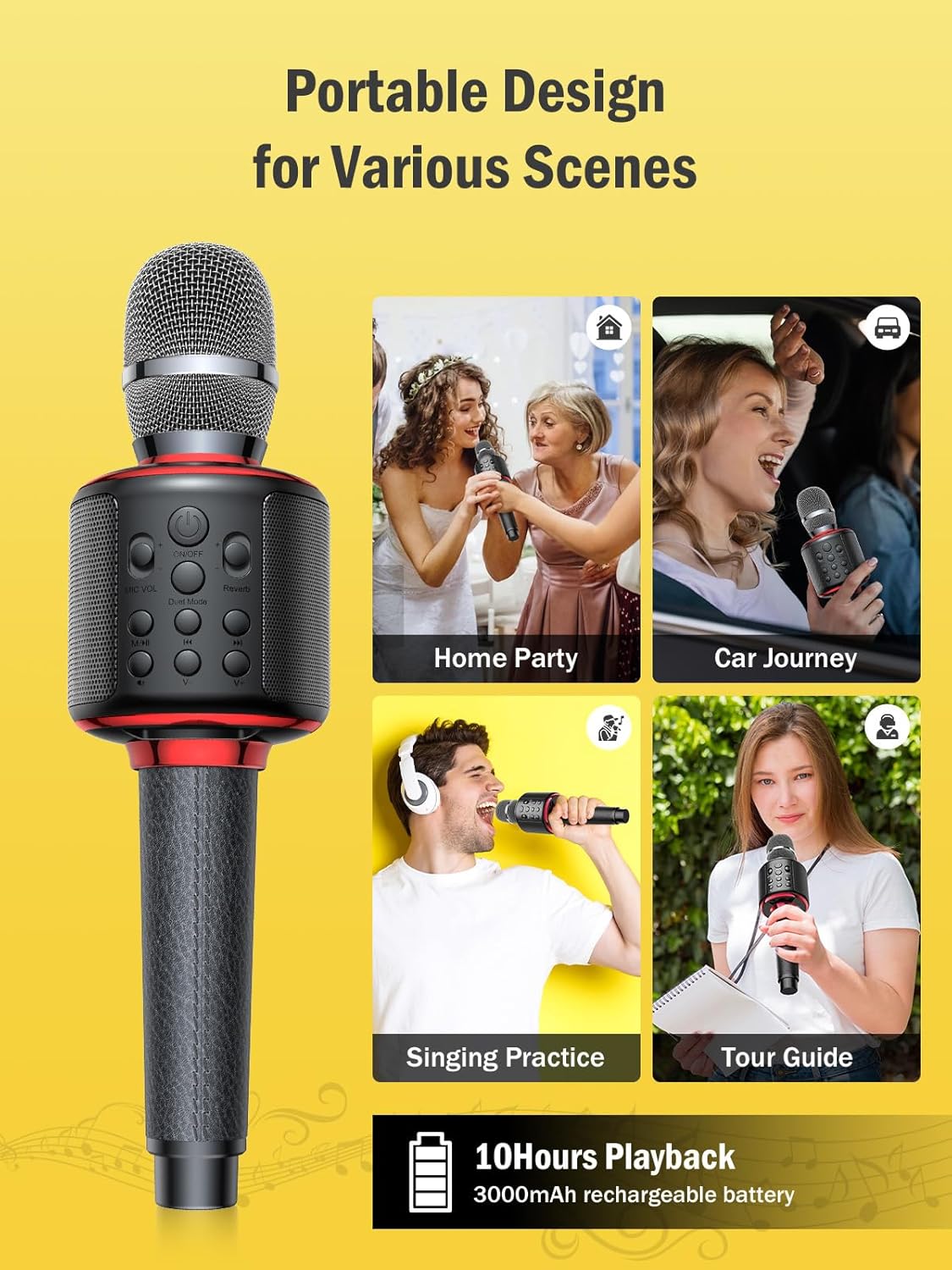 Wireless Bluetooth Karaoke Microphone, Built-in Loud Speaker for 10H Playback, Add Reverb/Duet Mode/Earbuds Monitoring, Portable Karaoke Machine for Entertainment & Singing Practice (Black&Red)