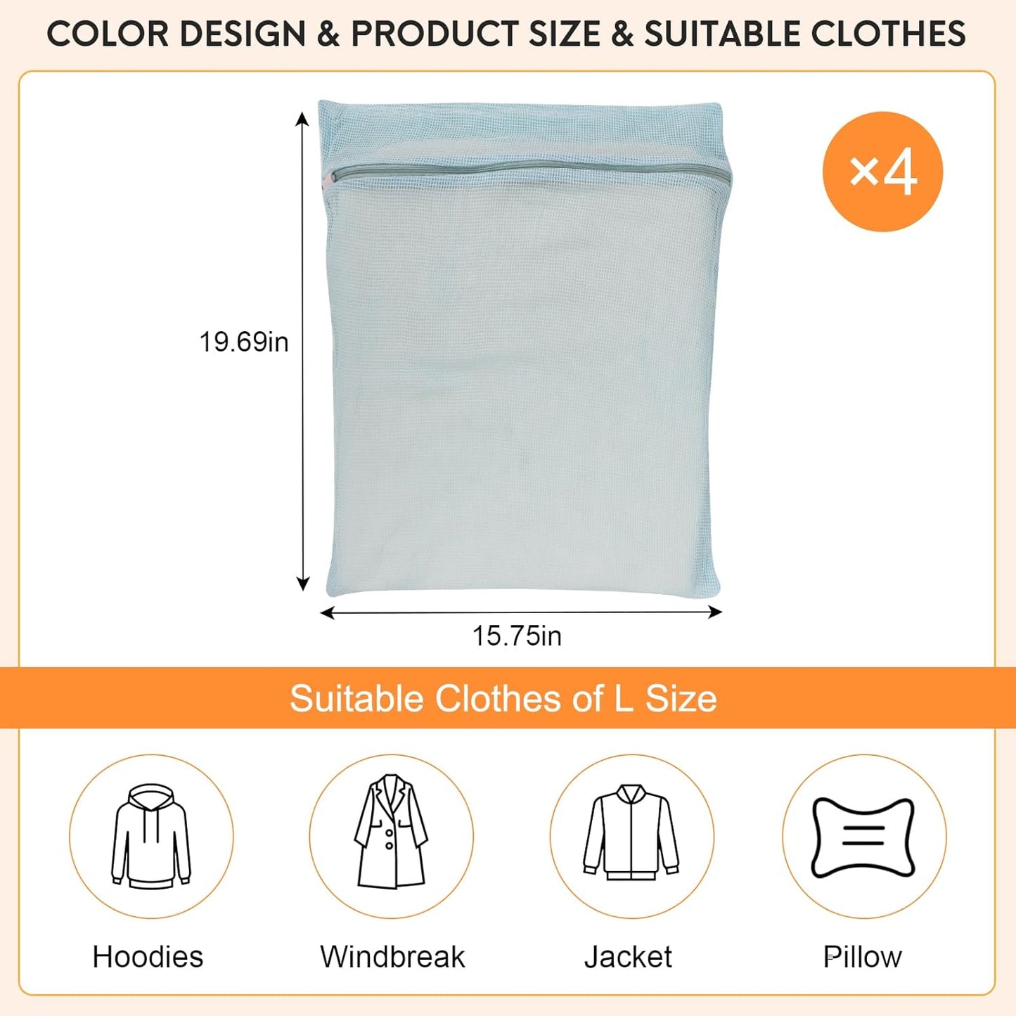 4-Piece Blue Large Durable Organic Cotton Mesh Laundry Bags with Sturdy Zippers and Breathable Mesh are Delicate Laundry Bags for Underwear, Clothes, Pants and Socks