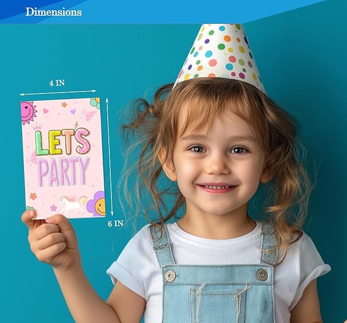 Preppy Patch Birthday Invitations for Girls, Let's Party Birthday Party Invitaions for Party Invites, 4x6 Inches, 30 Sets with Envelopes