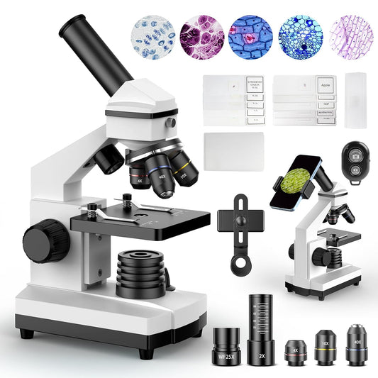 Compound Microscope for Adults & Kids - 100X-2000X High-Power Biological Microscope for Students, School Lab & Home Education, with Slides Set & Phone Adapter (White)