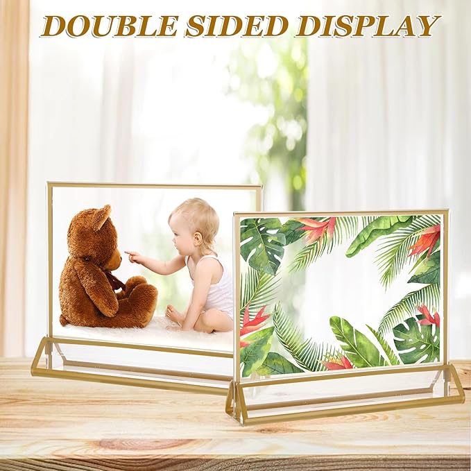 8PCS 6x4 Acrylic Sign Holders with Golden Border, Double-Sided Picture Frames, Clear Gold Table Number Holders for Wedding Reception, Centerpiece, Decoration, Party