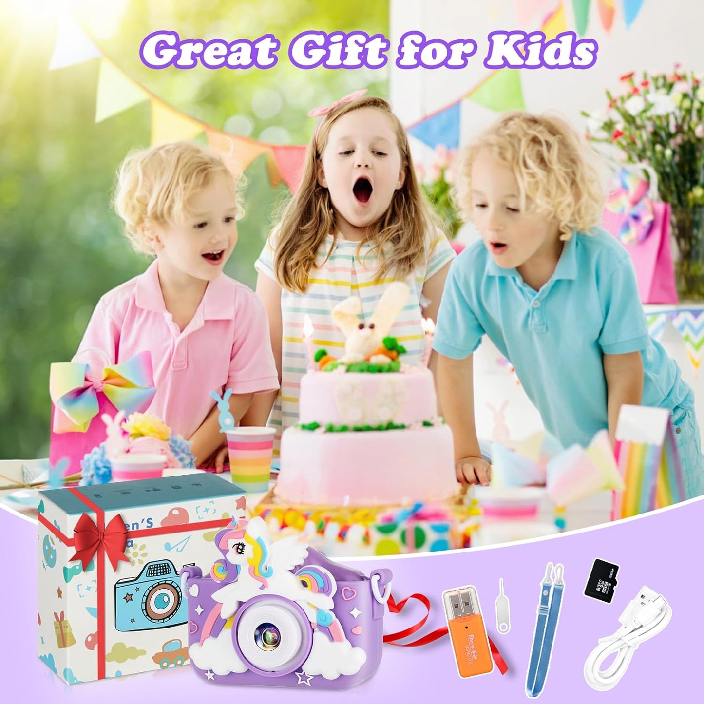 Kids Camera,HD Digital Video Camera with Protective Cover,Childrens Toys for 3 4 5 6 7 8 9 Year Old Boys/Girls,Selfie Camera for Kids,Christmas Birthday Gifts with 32GB SD Card (Unicorn Purple)