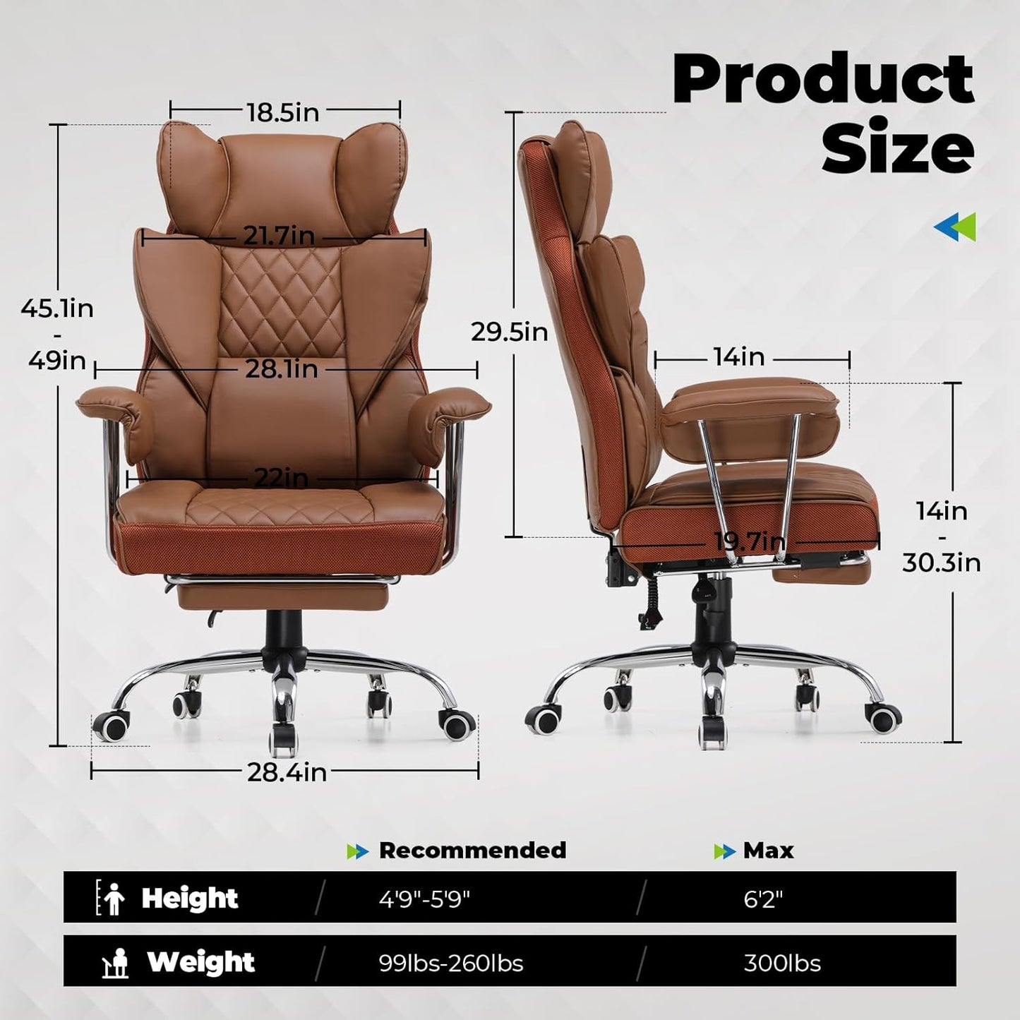 COMHOMA Big and Tall Office Chair, High Back Leather Gaming Chair with Footrest, Executive Ergonomic Office Chairs with Pocket Spring Lumbar Support and with Outward Fixed Soft Armrests
