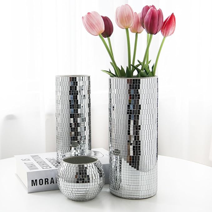 WDHODEC Disco Vase for Flowers 2 PCS Glass Mirror Vases for Living Room, Dining Room Centerpieces, Wedding Office Decorative Display Fresh Flowers, Candles, Or Seasonal Decorations