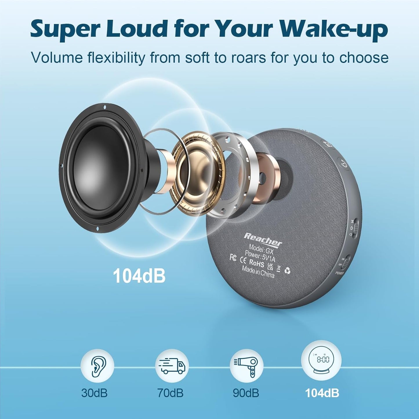 REACHER Super Loud Alarm Clock for Heavy Sleepers Adults Teens, Vibrating Alarm Clock Bed Shaker Under Pillow, Rechargeable Battery Powered for Travel, Auto-Dim, Portable